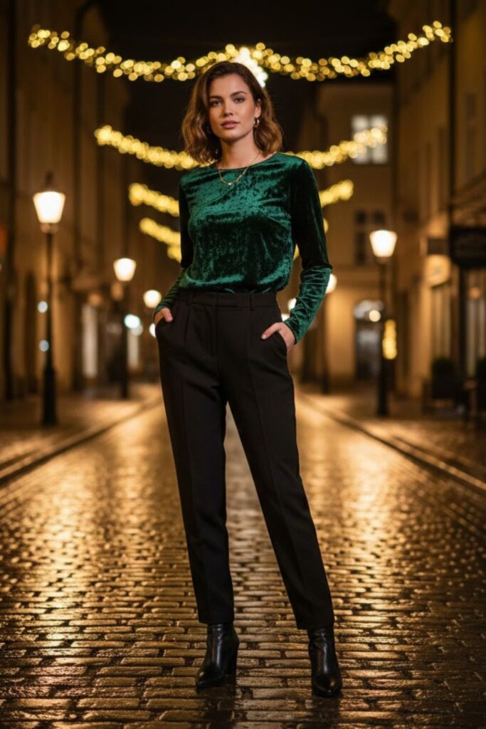 2. Velvet Top With High-Waisted Pants