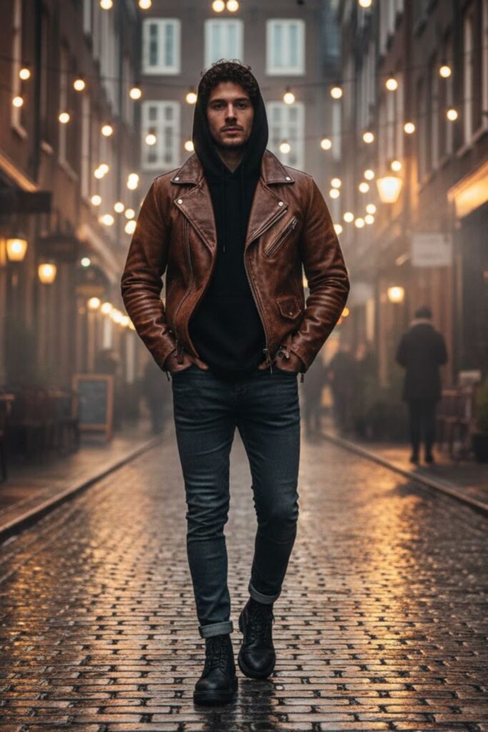 2. Vintage Leather Jacket with Black Hoodie and Slim Jeans