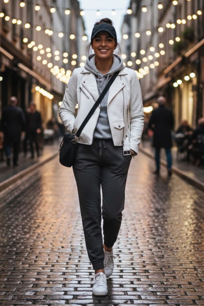 2. White Leather Jacket with Grey Hoodie and Joggers