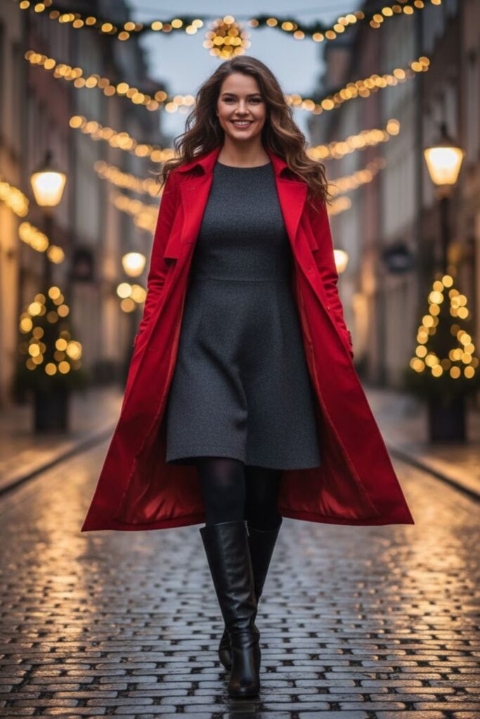 2. Winter Trench Coat with a Wool Dress and Knee-High Boots