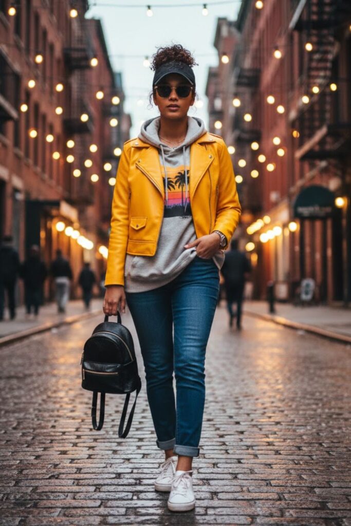 2. Yellow Leather Jacket with Grey Hoodie and Slim Jeans