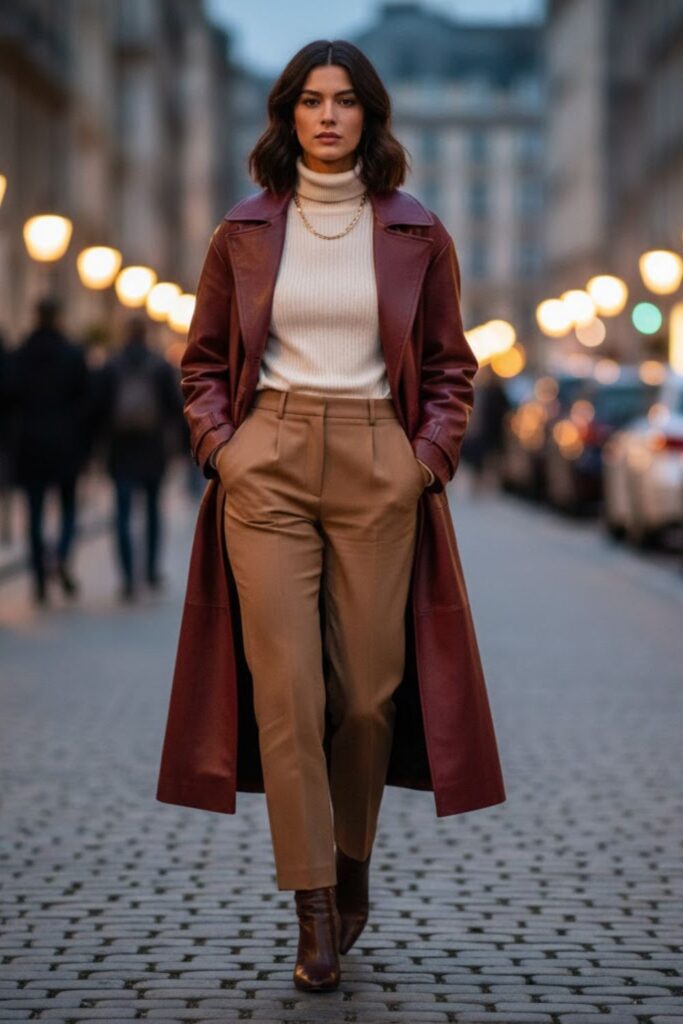 2. Zara Leather Jacket with a Turtleneck and Straight-Leg Pants