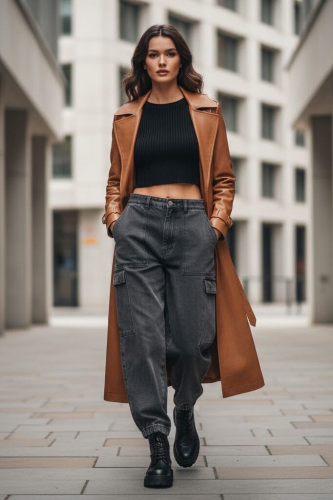 3. 90s Leather Jacket Outfit with Crop Top and Baggy Pants