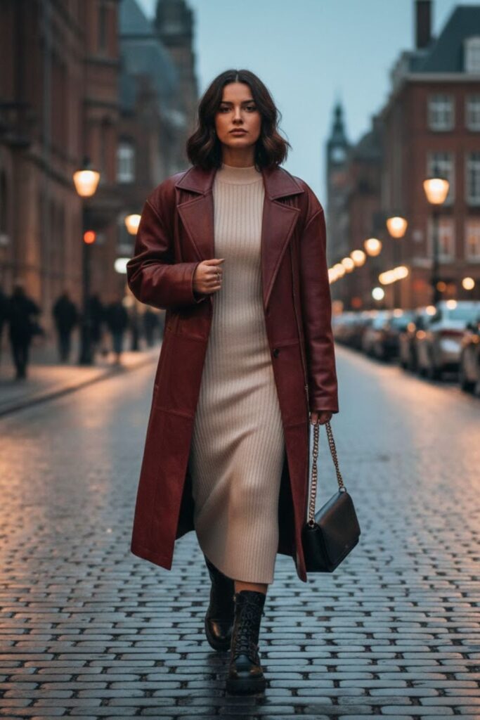 3. Baggy Leather Jacket with Midi Dress and Combat Boots