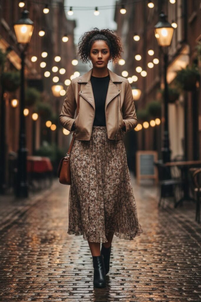 3. Beige Leather Jacket with a Midi Skirt