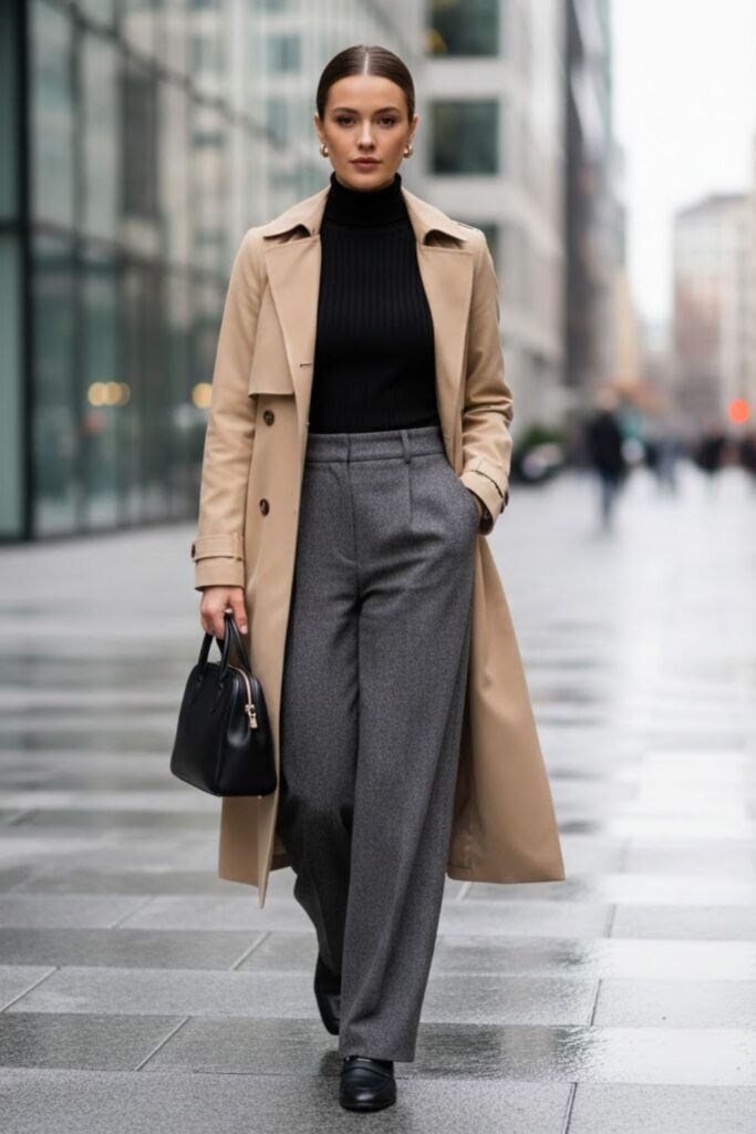 3. Beige Trench Coat With Wide-Leg Wool Pants