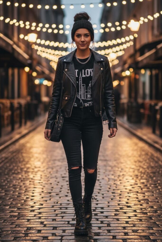 3. Biker Leather Jacket with Black Jeans and Graphic Tee