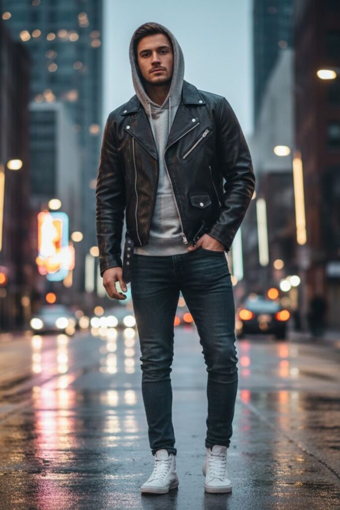 3. Black Leather Jacket Outfit Men with Grey Hoodie Layering