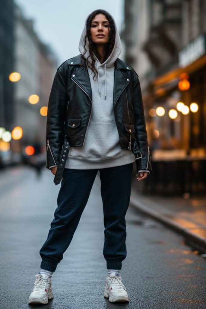 3. Black Leather Jacket with a Hoodie