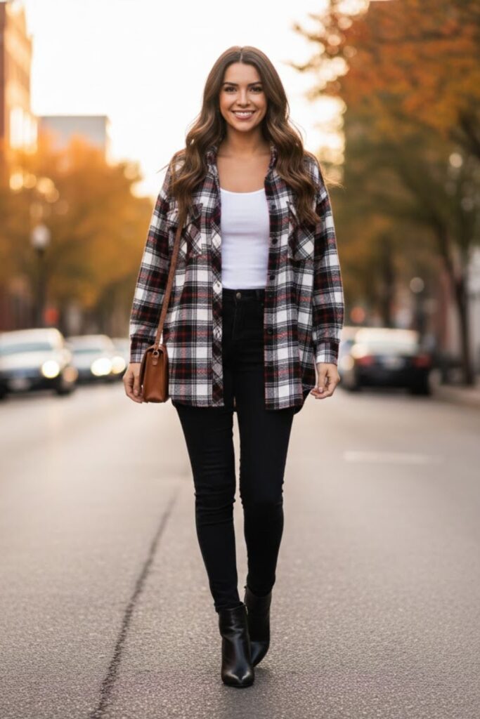 3. Black Leggings with Ankle Boots and Plaid Shirt