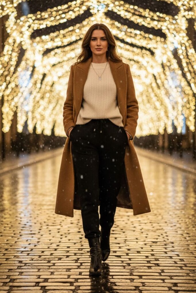 3. Black Sweatpants with Wool Coat and Knit Sweater
