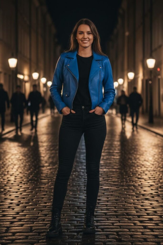 3. Blue Leather Jacket Outfit with Black Jeans and Boots
