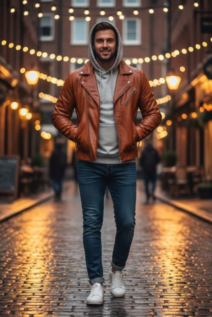 3. Brown Leather Jacket with a Hoodie