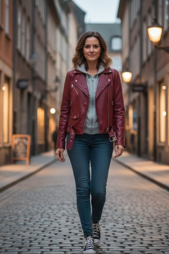 3. Burgundy Leather Jacket Outfit with Grey Hoodie