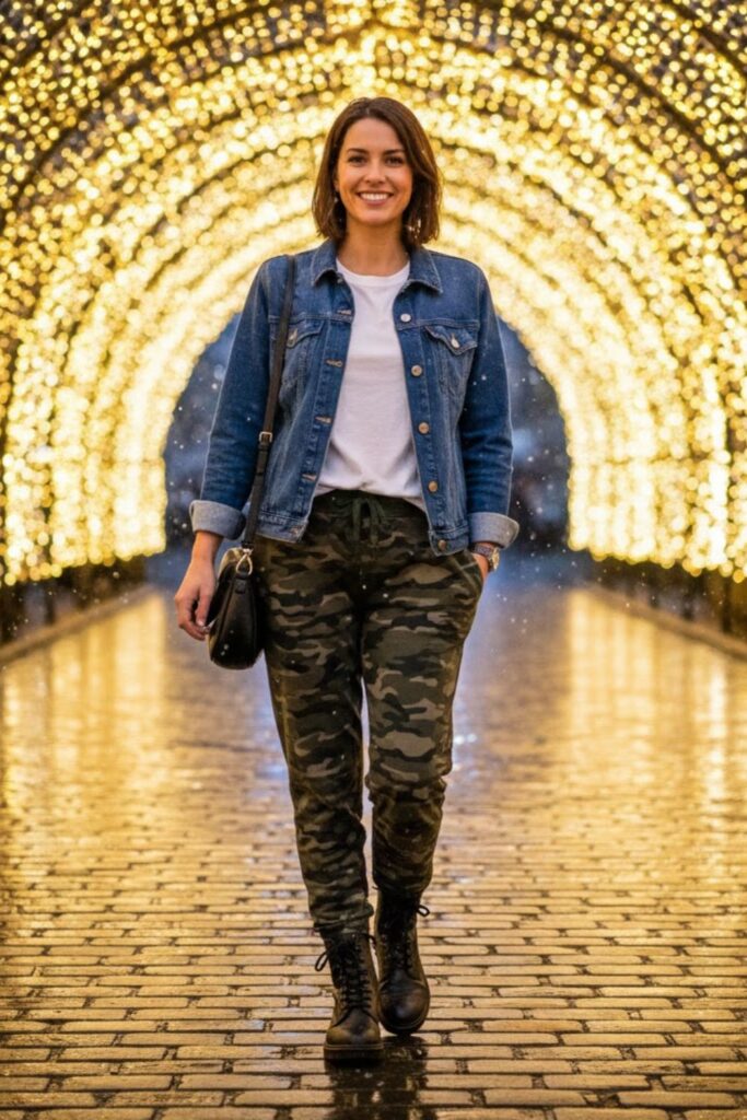 3. Camo Sweatpants with Denim Jacket and Tee