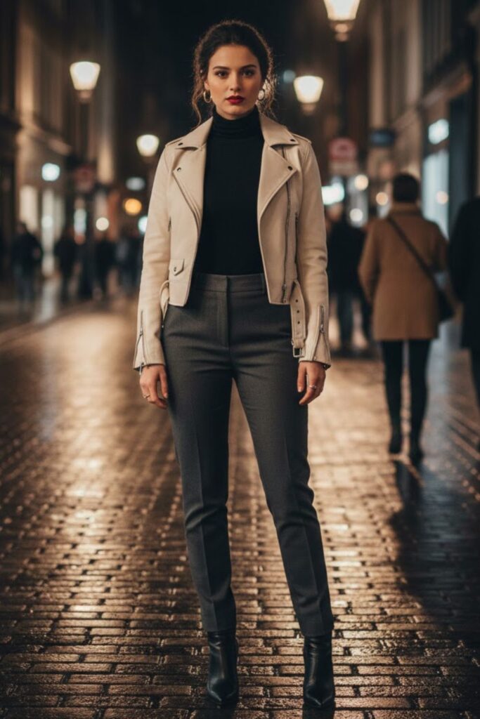 3. Cream Leather Jacket Outfit with Black Turtleneck