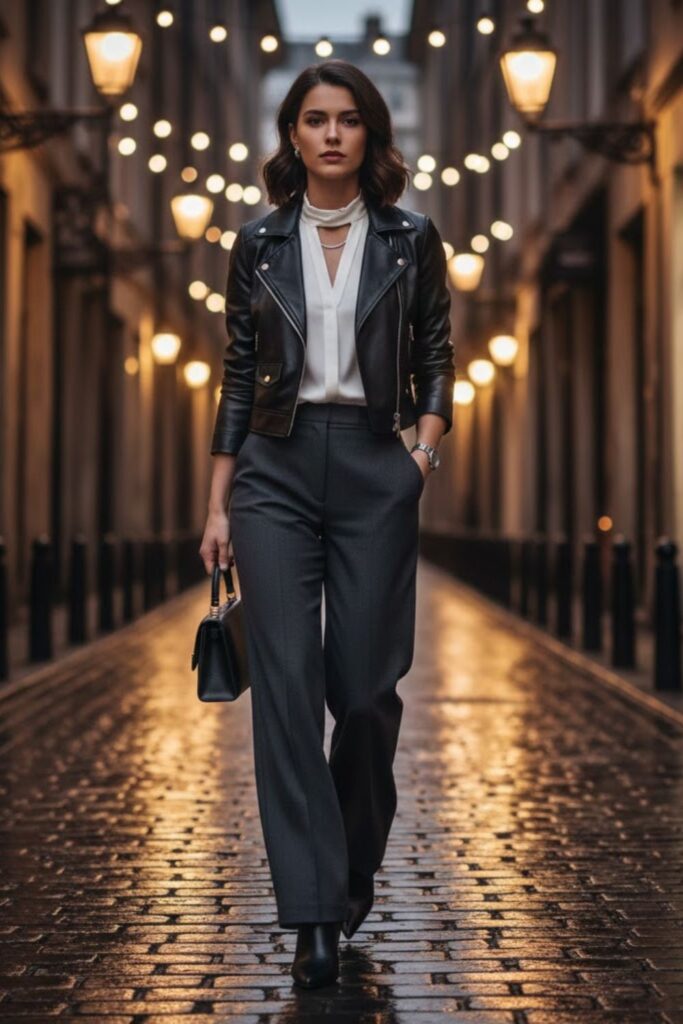 3. Cropped Leather Jacket with Wide-Leg Trousers