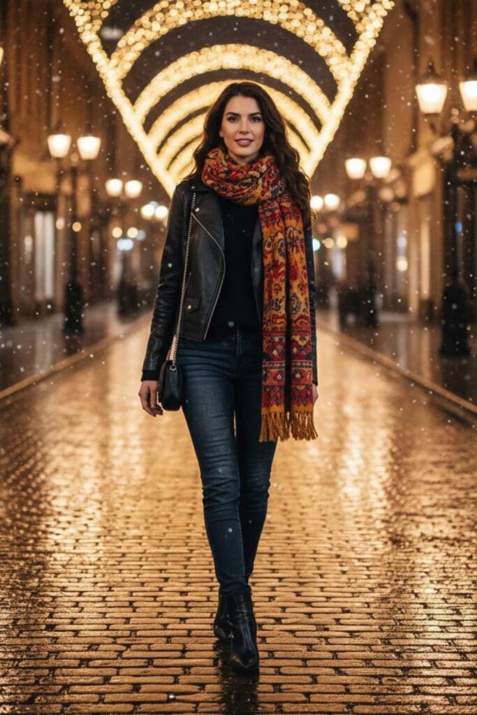 3. Dark Denim with Faux-Leather Jacket and Statement Scarf