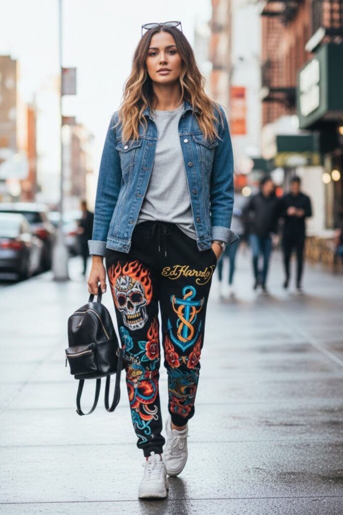 3. Ed Hardy Sweatpants with Denim Jacket and Tee