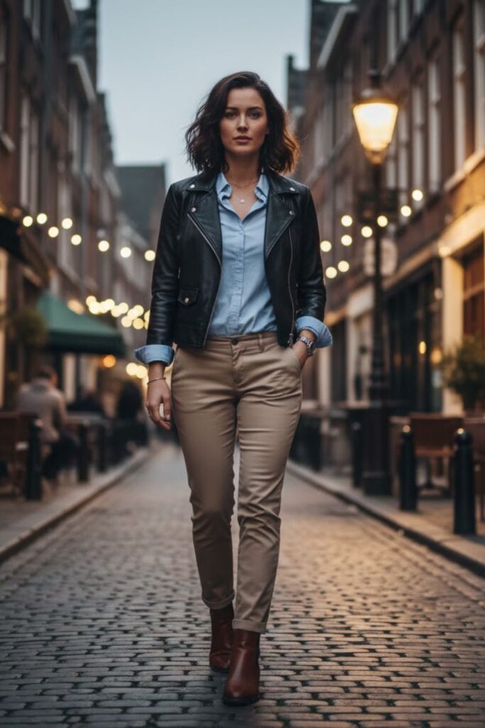 3. Faux Leather Jacket with Button-Up Shirt and Chinos