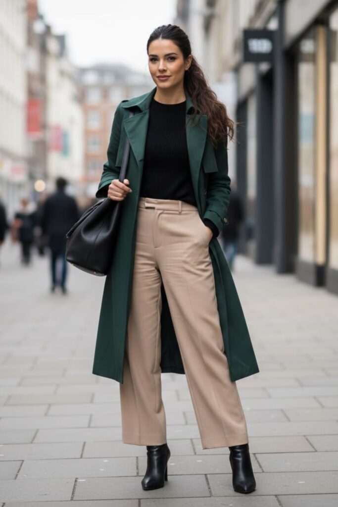 3. Green Trench Coat With Wide-Leg Trousers