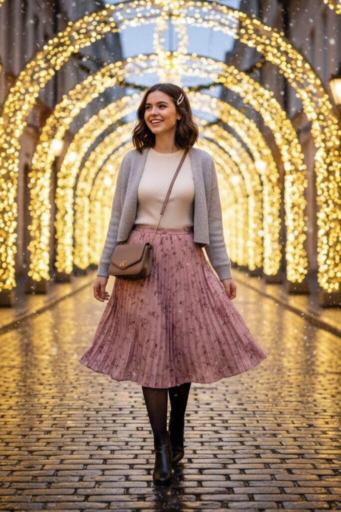 3. Knit Top with Pleated Skirt and Tights