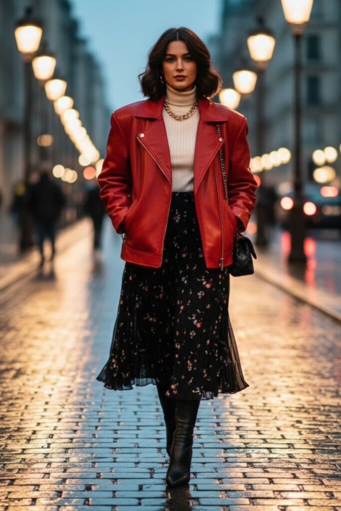 3. Leather Jacket and Midi Skirt Mix