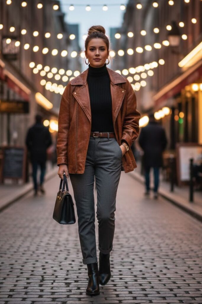 3. Leather Jacket with Turtleneck and Chinos