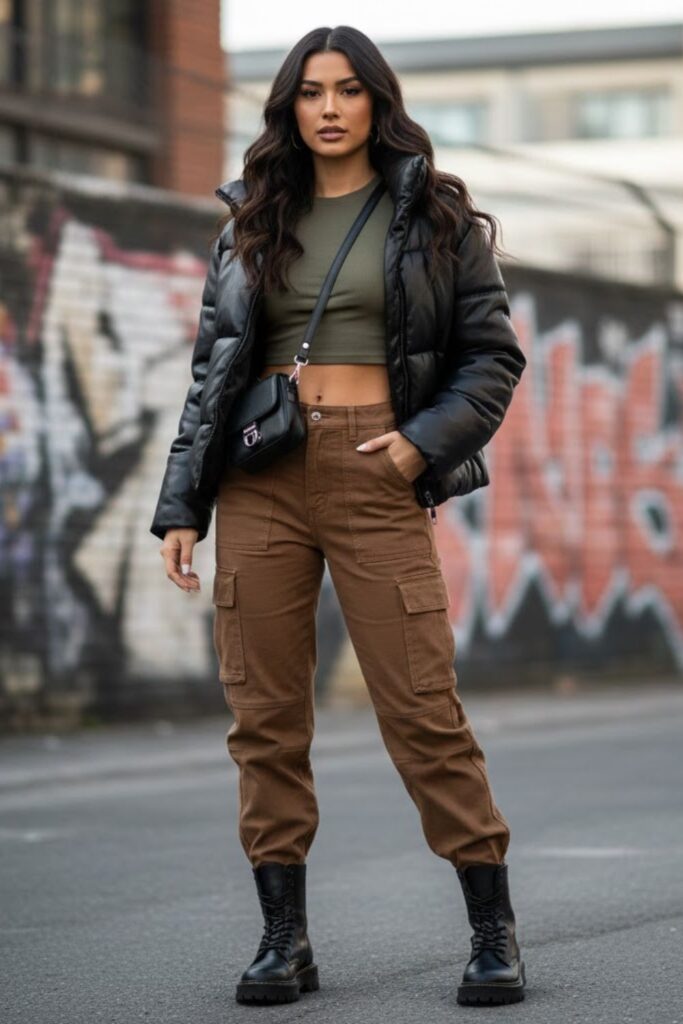 3. Leather Puffer Jacket Outfit with Cargo Pants