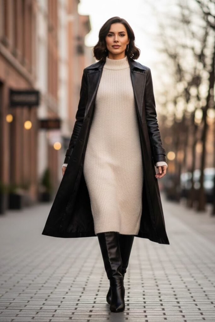 3. Long Leather Jacket with a Sweater Dress
