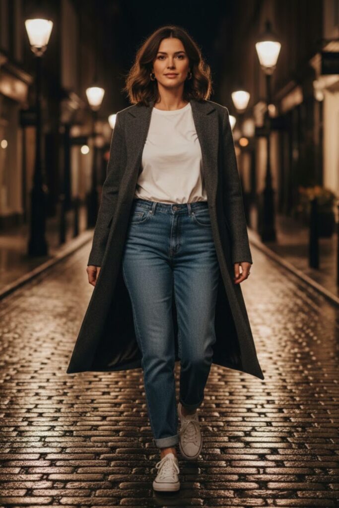 3. Long coat outfit casual with white t-shirt and blue jeans