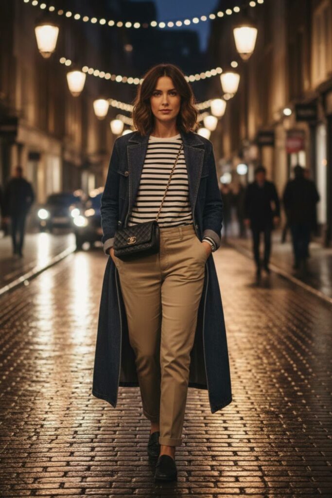 3. Long denim coat outfit with striped shirt and chinos