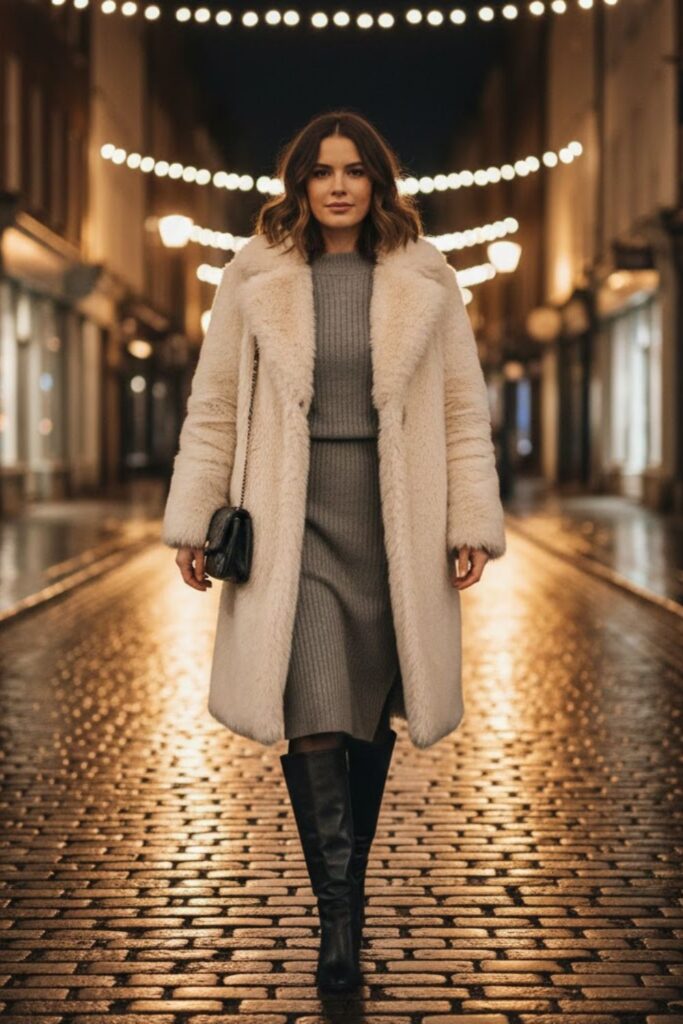 3. Long fluffy coat outfit with knit dress and knee-high boots
