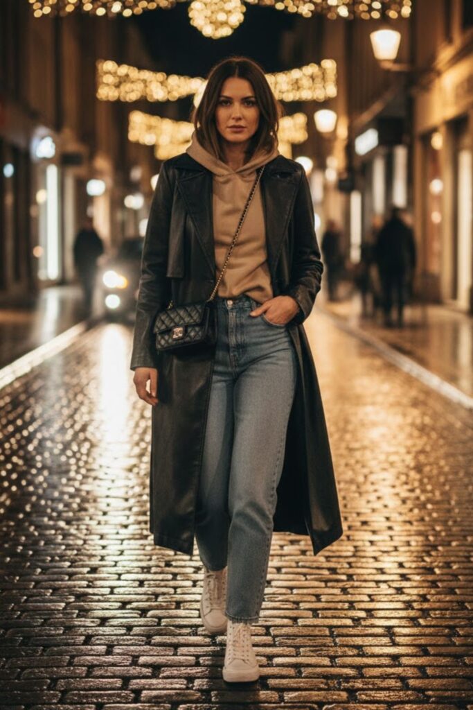 3. Long leather coat outfit with hoodie and straight-leg jeans