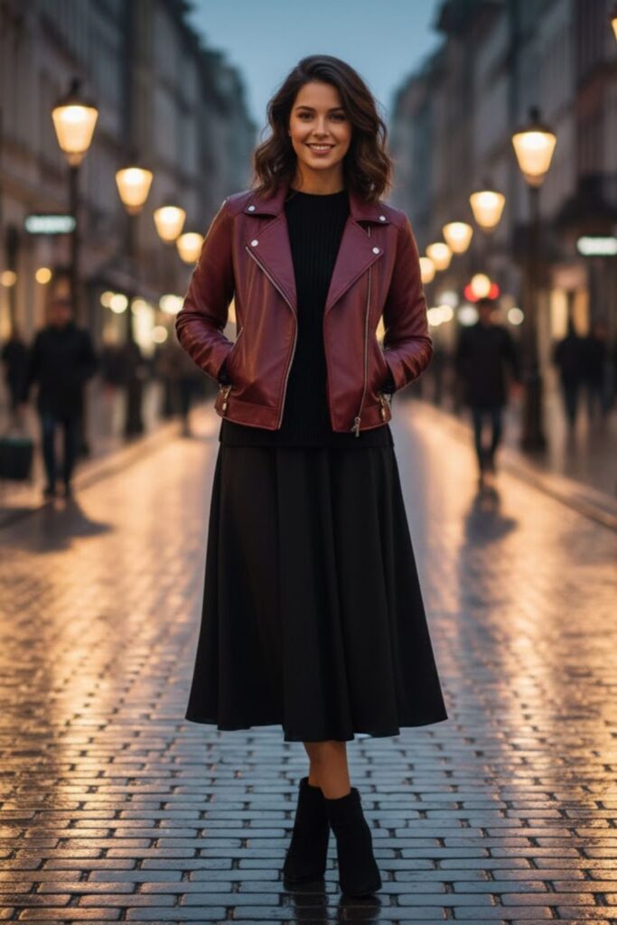 3. Maroon Leather Jacket with a Black Midi Skirt