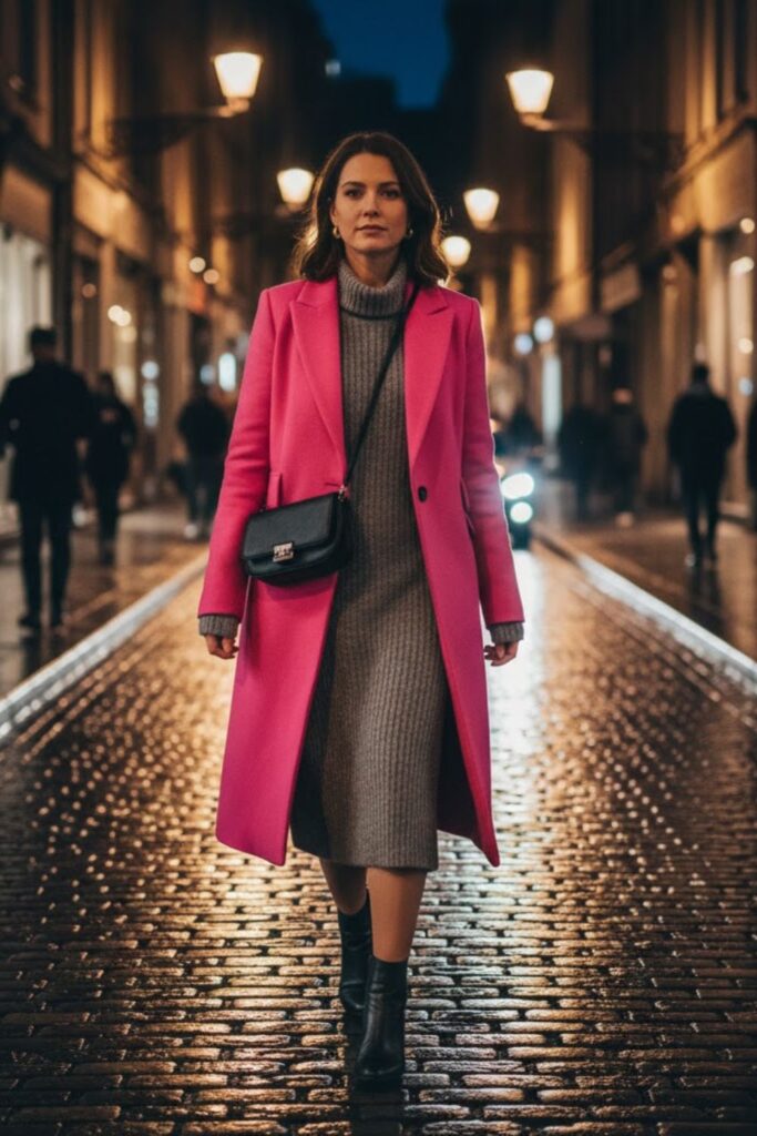 3. Pink long coat outfit with gray knit dress and ankle boots