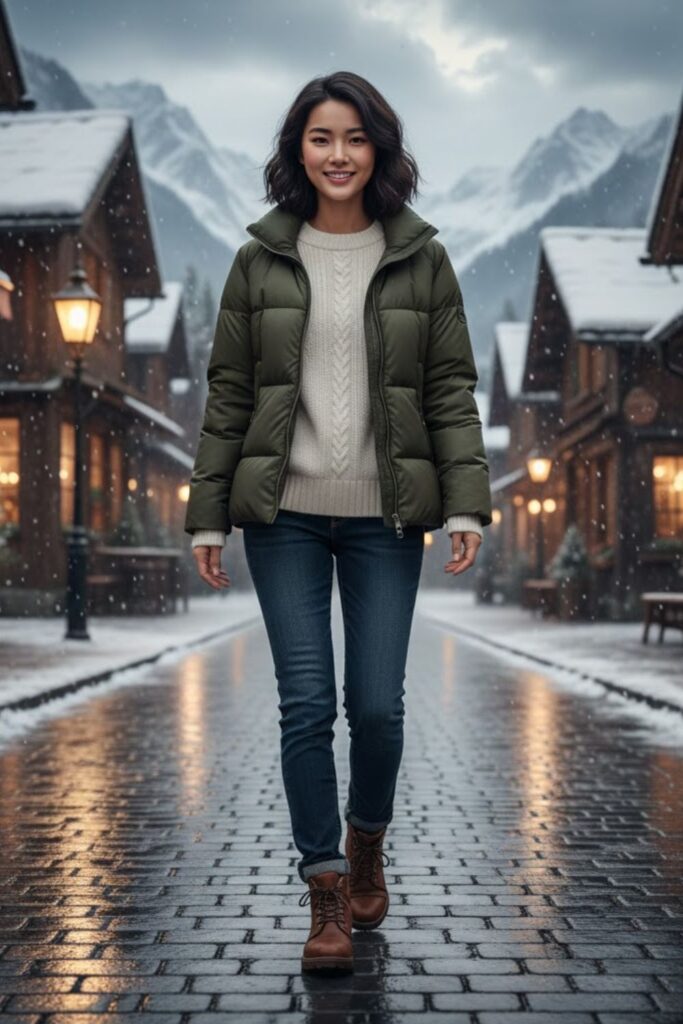 3. Puffer Jacket with Jeans