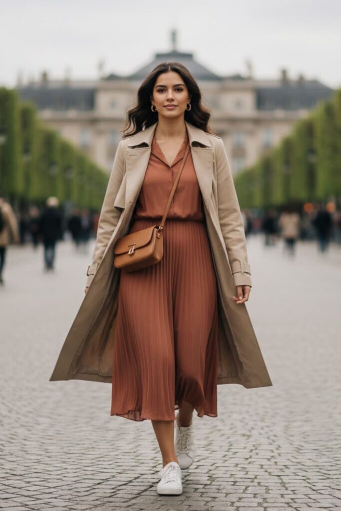 3. Spring Trench Coat with Midi Dress and Sneakers