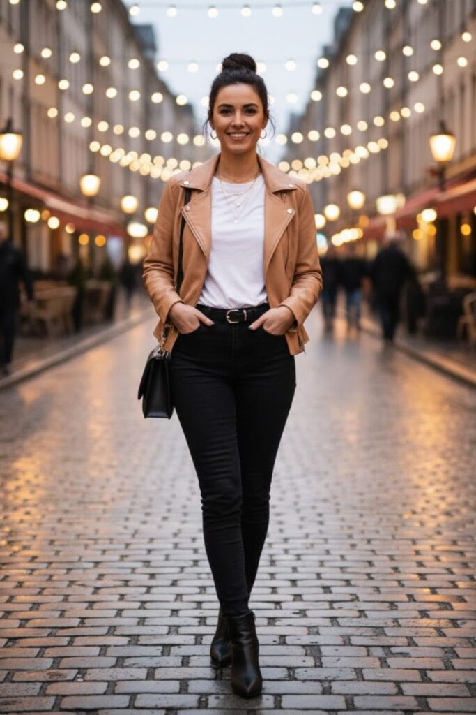 3. Tan Leather Jacket with White Tee and Black Jeans