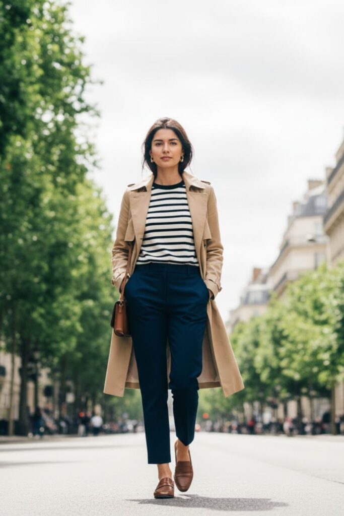 3. Tan Trench Coat with Striped Top and Cropped Pants