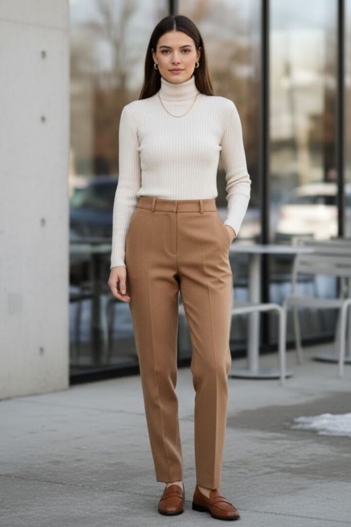 3. Turtleneck With High-Waist Trousers