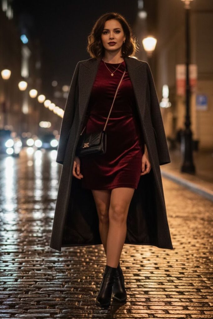 3. Velvet Dress With Heeled Boots