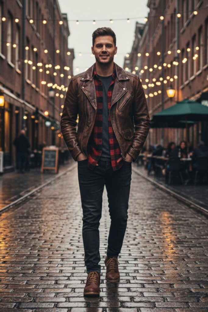 3. Vintage Leather Jacket with Flannel Shirt and Dark Denim