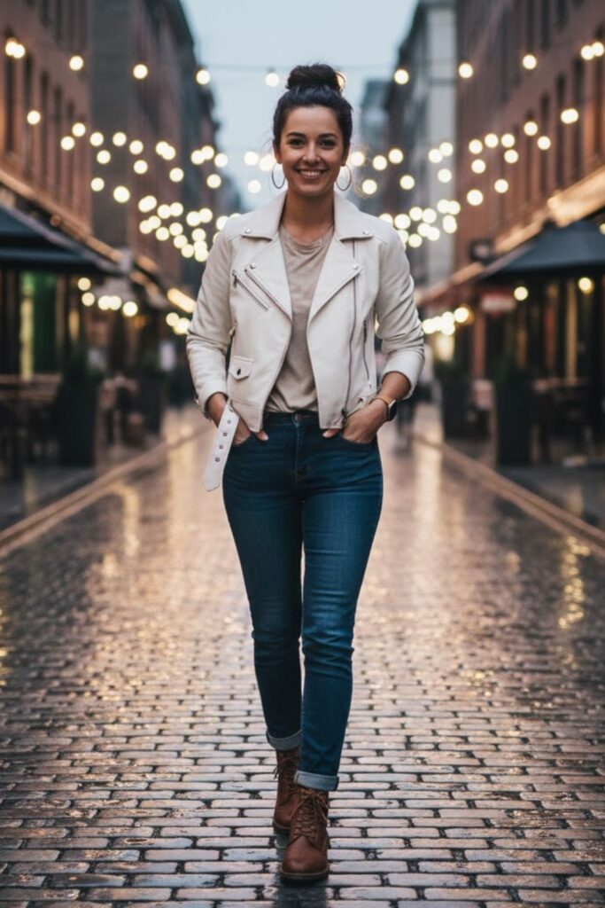 3. White Leather Jacket with Blue Denim Jeans and Boots