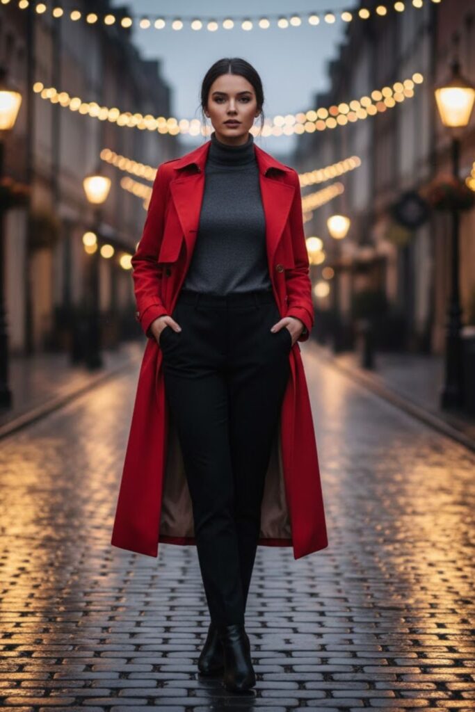3. Winter Trench Coat with a Turtleneck and Tailored Trousers