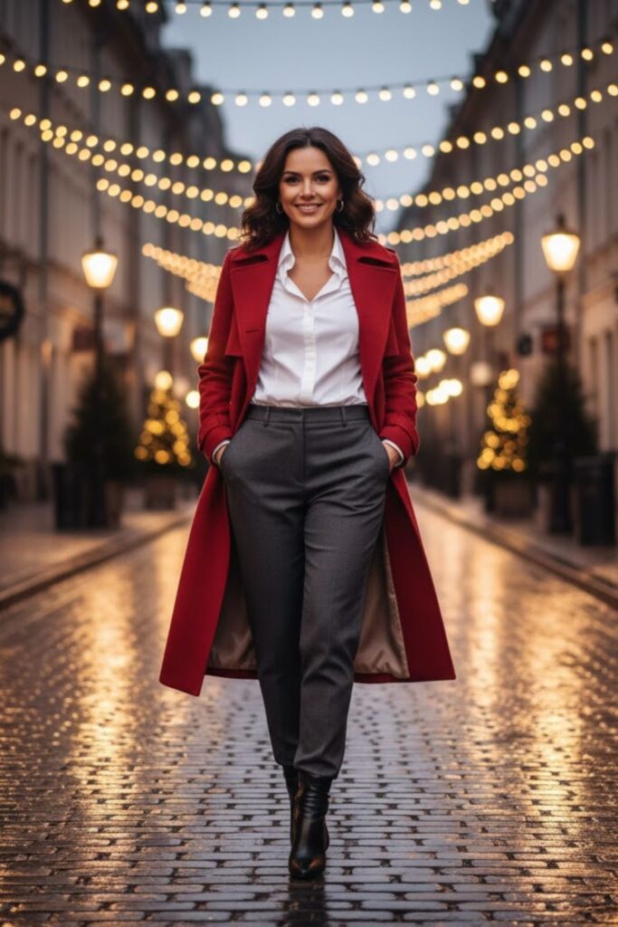 3. Wool Trench Coat with a Button-Down Shirt and Trousers