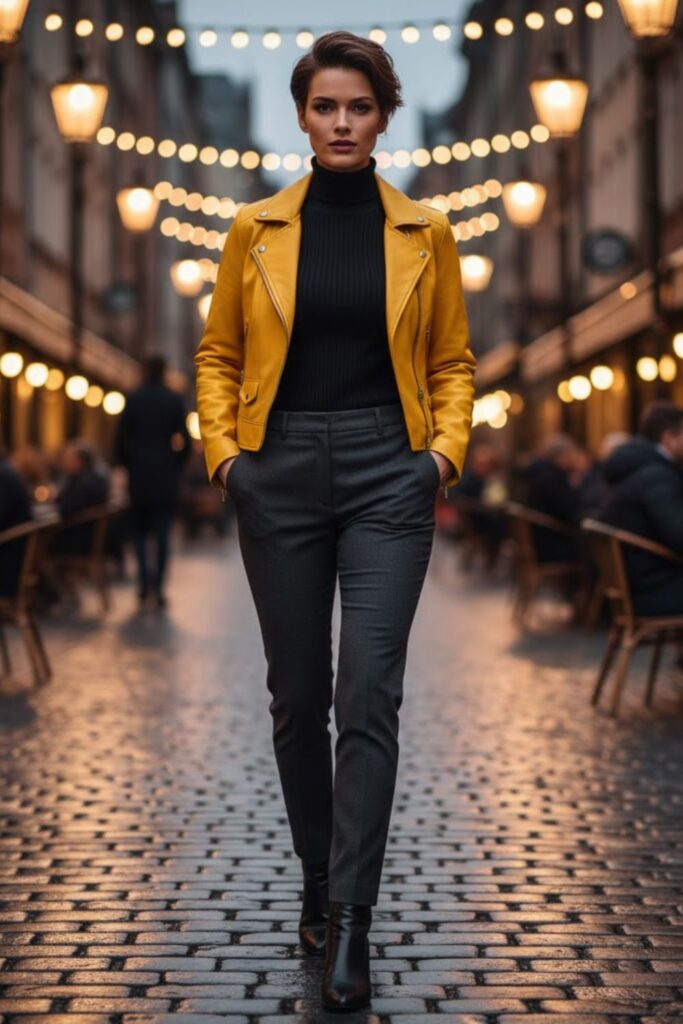 3. Yellow Leather Jacket with Black Turtleneck and Trousers