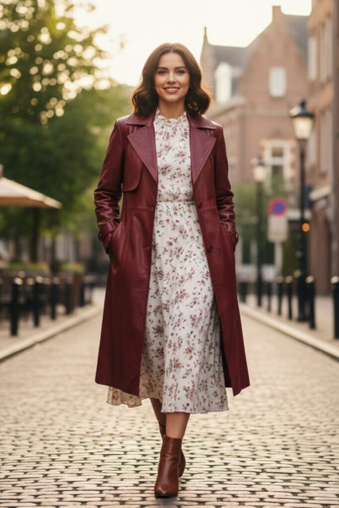 3. Zara Leather Jacket Over a Midi Dress