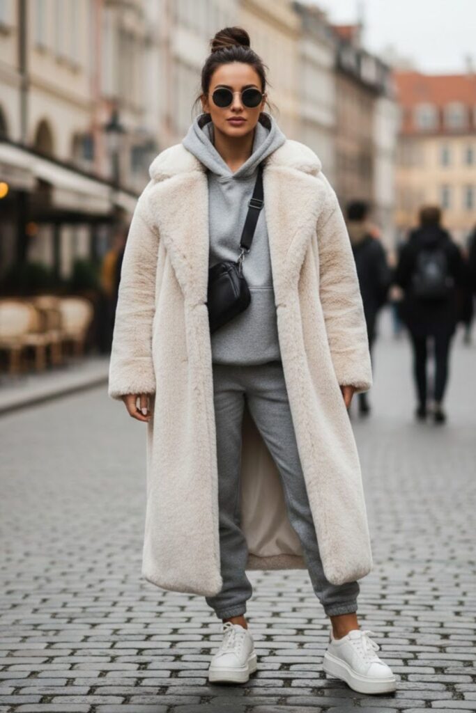 3. long fur coat outfit with hoodie and joggers