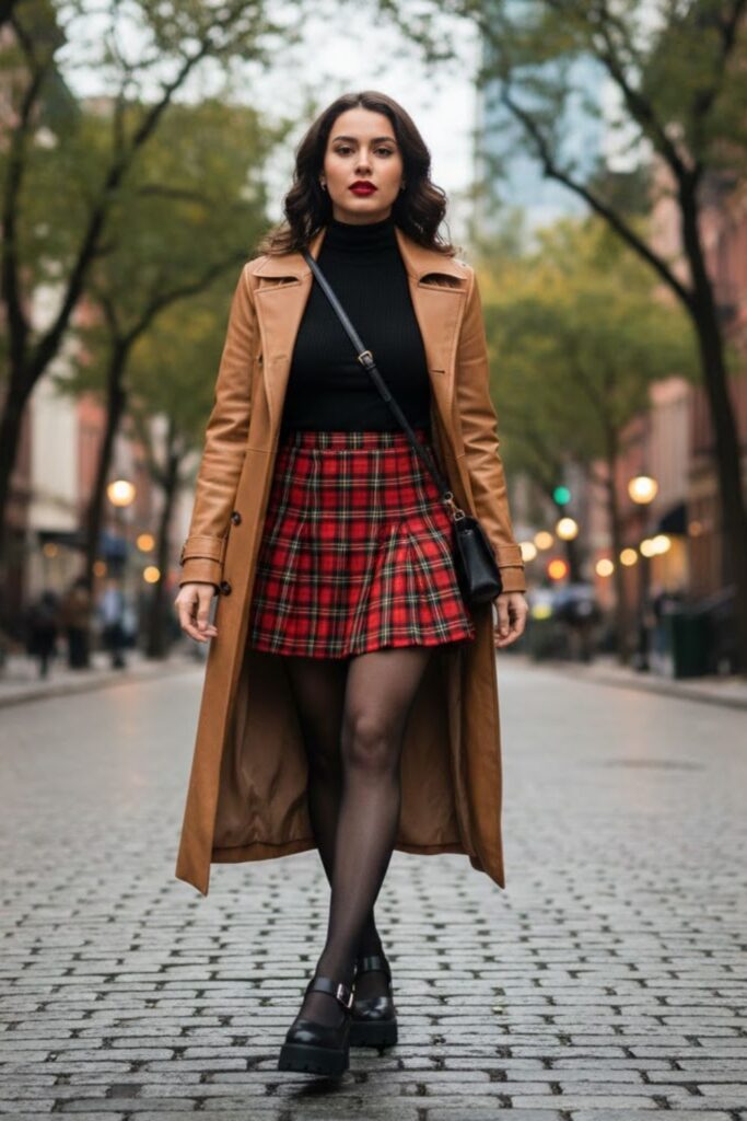 4. 90s Leather Jacket Outfit with Plaid Mini Skirt